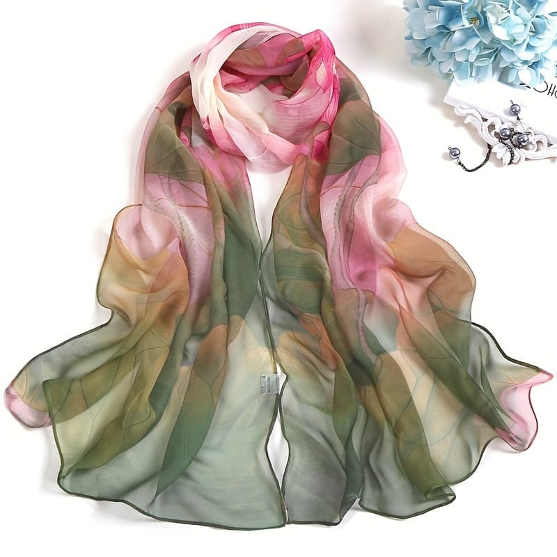TEMU 1pc Chinese Style Lotus Print Chiffon Women's Long Scarf Women's Sheer Scarf Beach Towel Sunshade Shawl