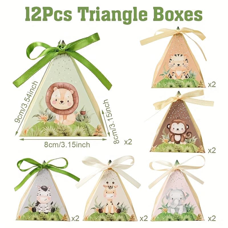 TEMU 12pcs, For Jungle Animal Theme Party Favor Gift Box, Shaped Gift Box With Ribbons, For Jungle Party Decorations, Baby Shower Decorations, Birthday Party Favor