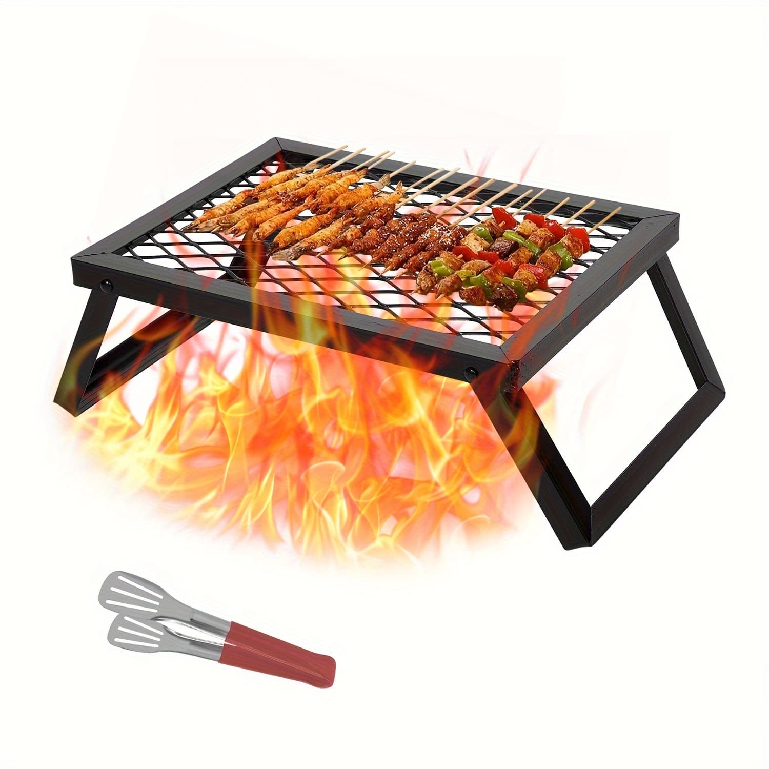 TEMU 2-piece Camping Grill With Clamps, Portable Outdoor Folding Campfire Grill, Grille With Legs , Suitable For Outdoor Camping Cooking Fire Pits, Black (16 "x12") Folding