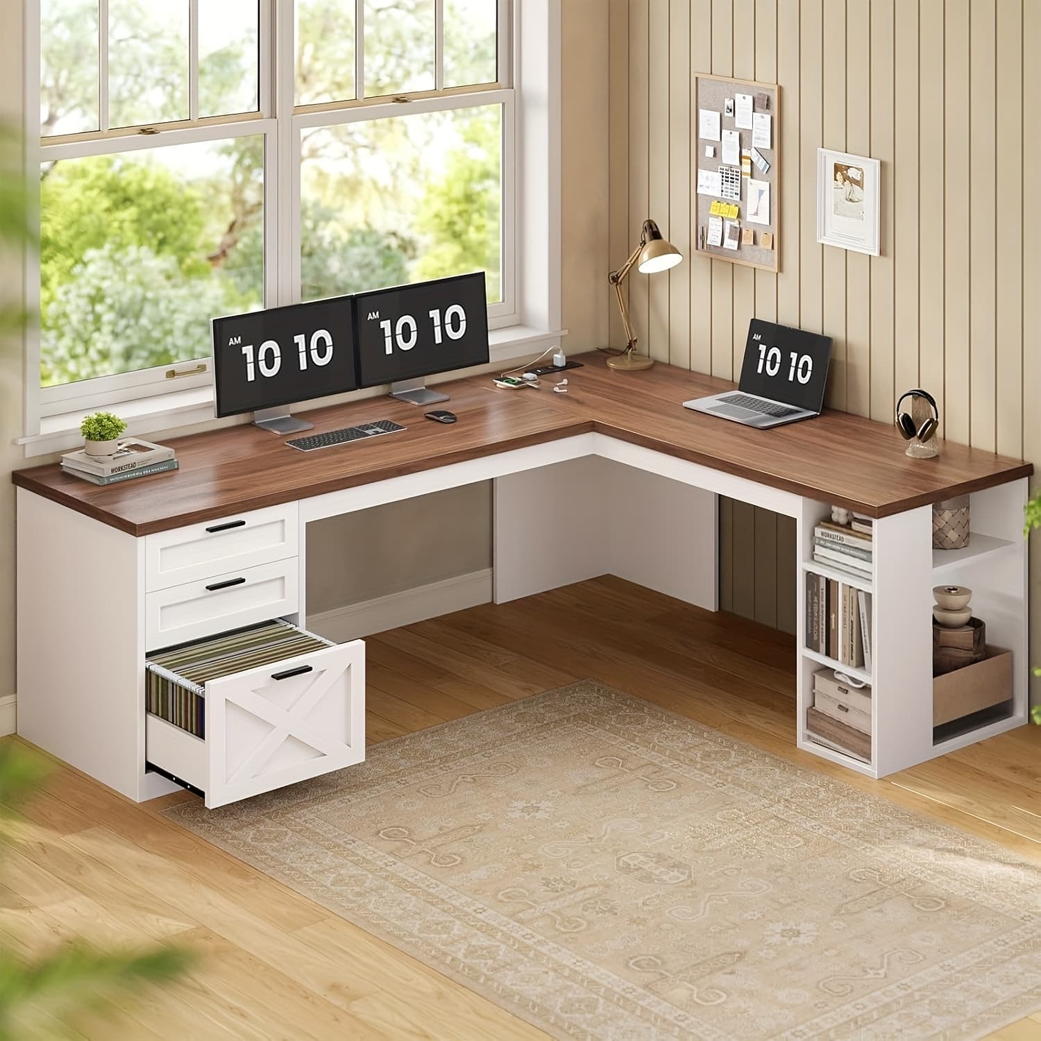 TEMU Farmhouse L-shaped Desk With Storage, Large Computer Desk With Power Outlets, Home Office Desk With Drawers And Open Shelves, Corner Wood Desk, White And Brown Top