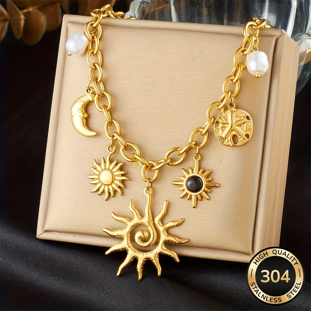 TEMU Bohemian Retro Trendy Hip Hop Multi Element Sun Pendant Golden 304 Stainless Steel Women's Necklace