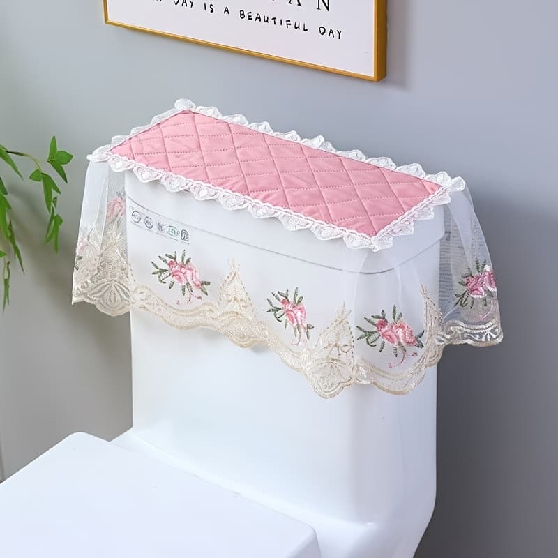 TEMU Universal Toilet Water Tank Cover With Decorative Lace Trim - Super Polyester Bathroom Decor, No Electricity Needed, Conceals Unsightly Tank For Modern & Traditional Bathrooms