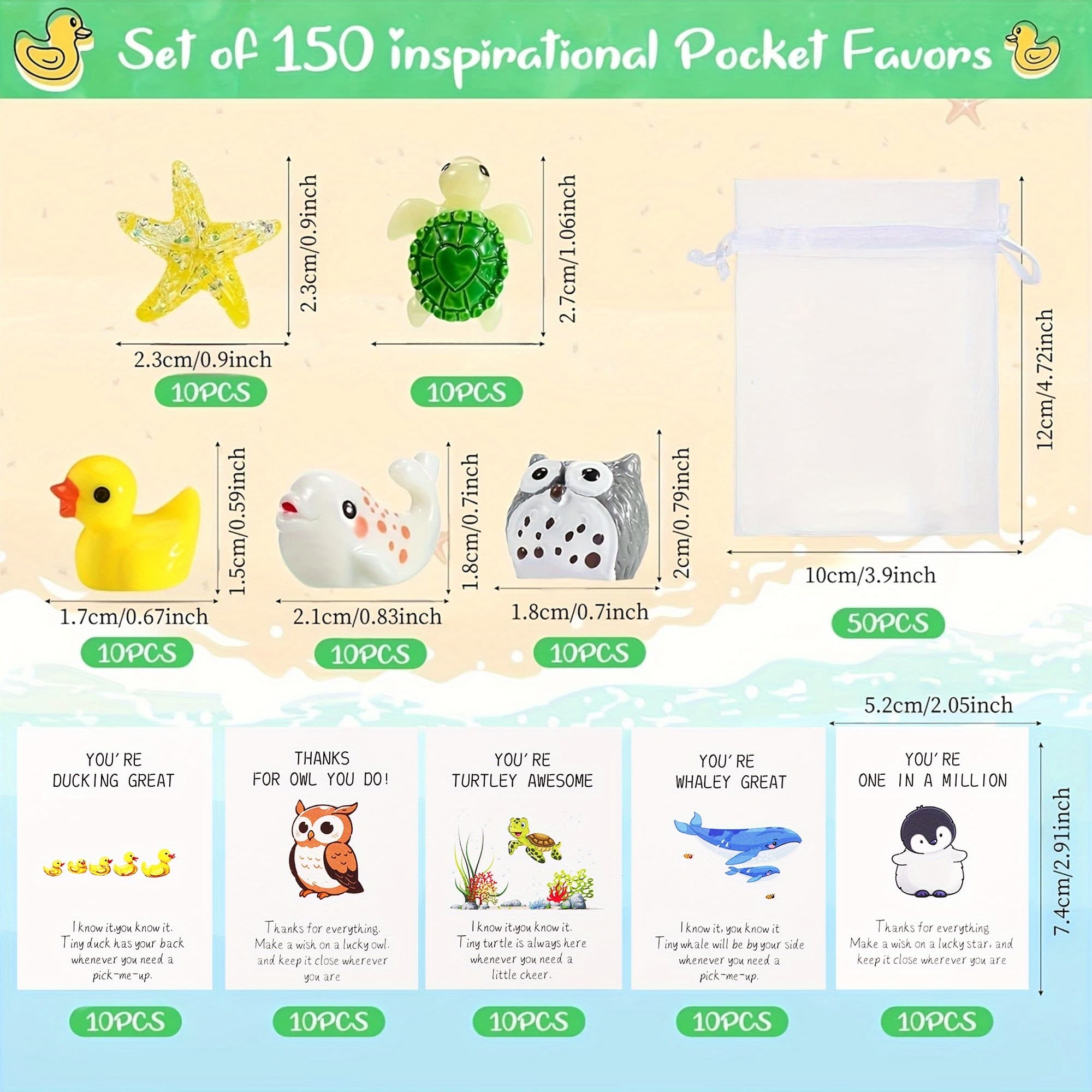 TEMU 150-pack Inspirational Animal Themed Appreciation Gifts, Assorted Resin Figurines With Note Cards, Pocket-sized Favors For Coworkers, Birthday, Get Well, Good Luck - Ducks, Stars, Turtles,