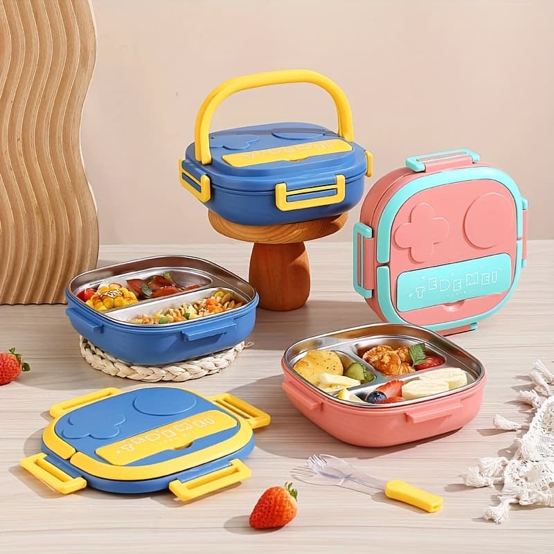 TEMU Stainless Steel 3-compartment Lunch Box Set With Utensils - Large Capacity Bento Box | Dishwasher Safe, Bpa Free Food Container For Home, Office, Outdoors (blue, Pink)