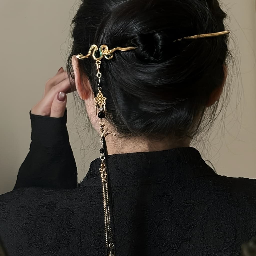 TEMU An Elegant And Stylish New Chinese Design Hairpin Featuring A Flowing Snake Ribbon And Tassels, A Vintage Niche Hair Accessory A60