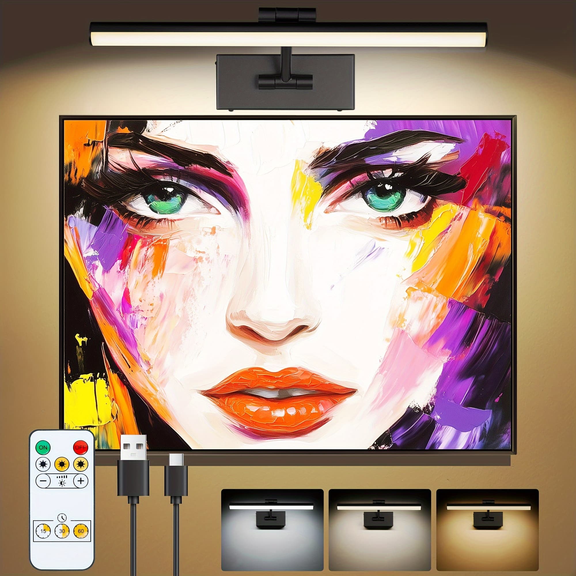 TEMU 1pcs Picture Light Battery Operated, 16in Wireless Art Light For Paintings 3cct Dimmable Battery Picture Light With Remote Control For Gallery Dartboard Art Bedroom Bathroom Black