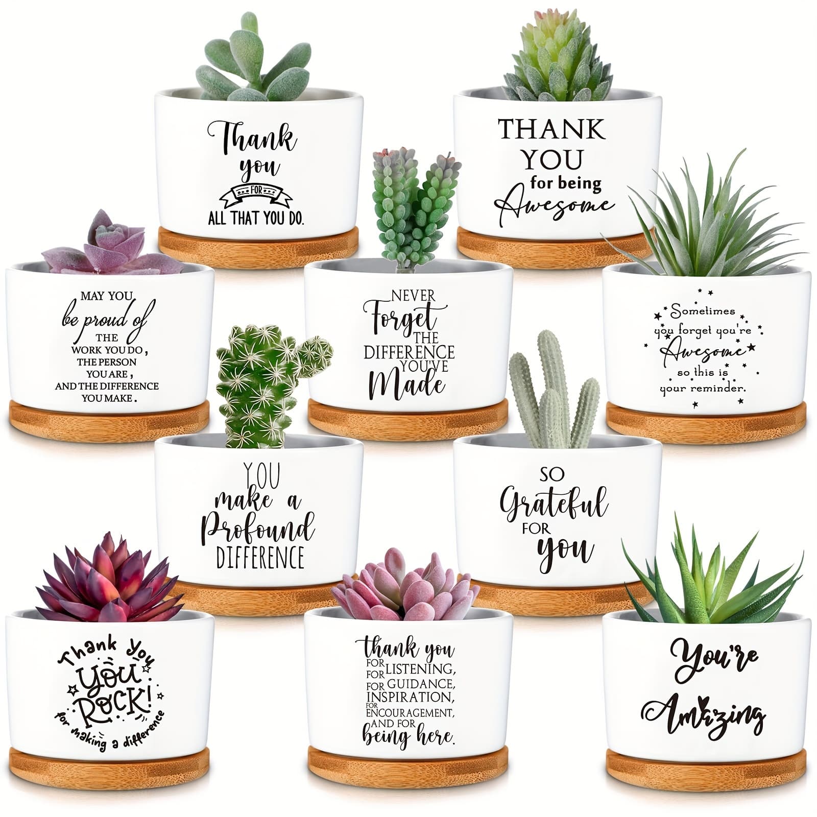 TEMU 10pcs Thank You Employee Appreciation Plant Bulk Gifts For Women Ceramic Pot Small Succulent Flower Pots With Bamboo Tray For Coworkers Gardening Gift Home Decor