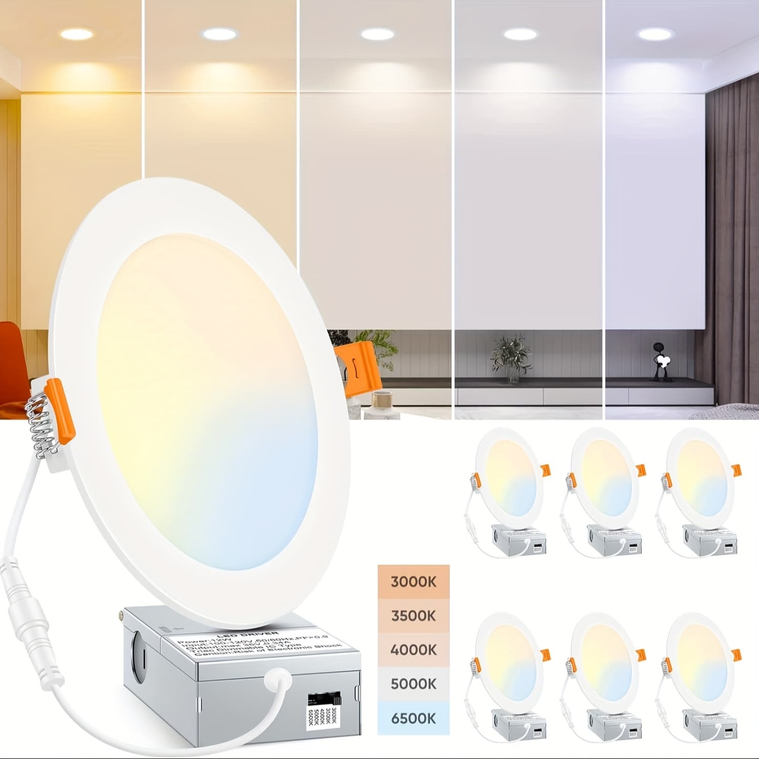 TEMU 6pcs 6 Inch Led Recessed Ceiling Lights Ultra-thin With Junction Box, 12w 150w Eqv, 3000k/3500k/4000k/5000k/6500k, 1200lm Dimmable Canless For Kitchen Hallway Dining Room