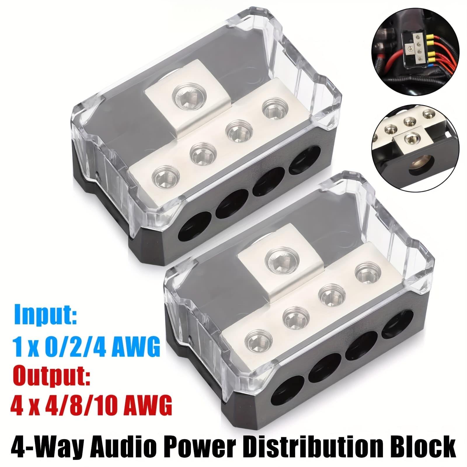 TEMU 2pcs Car Audio Amplifier Splitter, Audio Block, 1 X 0/2/4 Awg Input, 4 X 4/8/10 Awg Output