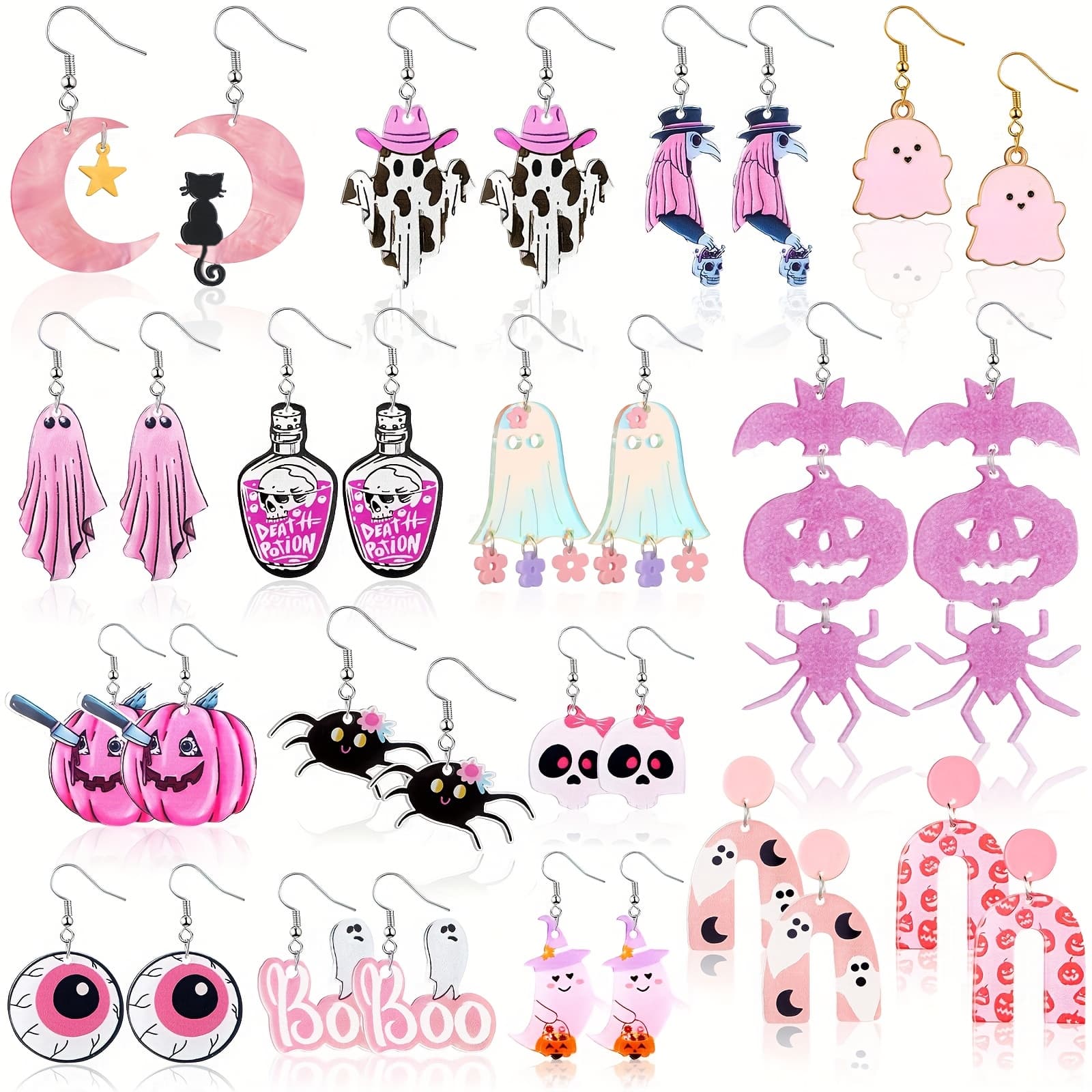 TEMU 8 Pairs For Women' Gothic & Cute Mixed Style Earrings - Bat, Cat, Pumpkin, Moon Dangle Earrings Suitable For Women, Wearable For Daily Outfits & Costume Parties