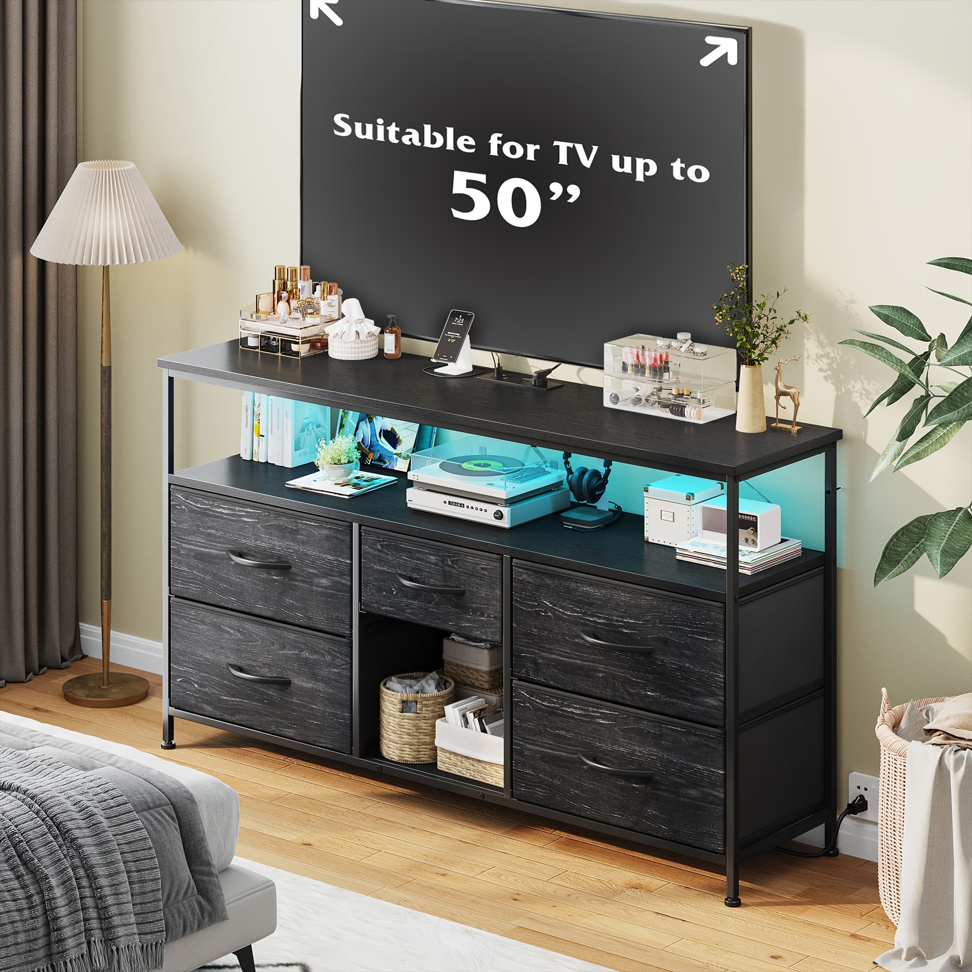 TEMU Tv Stand Dresser With 5 Drawers, Tv Stands Entertainment Center For 50 Inch Television, Media Console Table With Power Outlets And Led Lights, Office Lockers, Open Shelf, Living Room