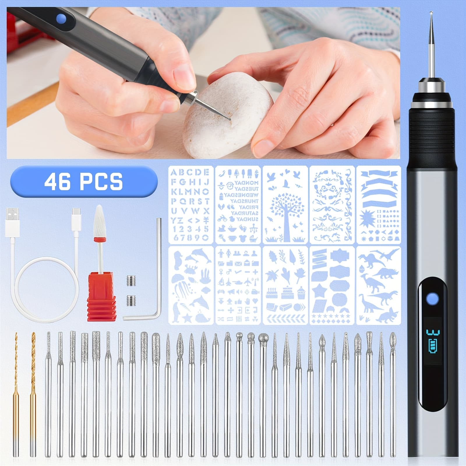 TEMU Engraving Pen Kit, Rechargeable Cordless Engraver, 33 Bits And 10 Stencils, Mini Etching Tool For Metal Plastic, Perfect And Birthday Gifts