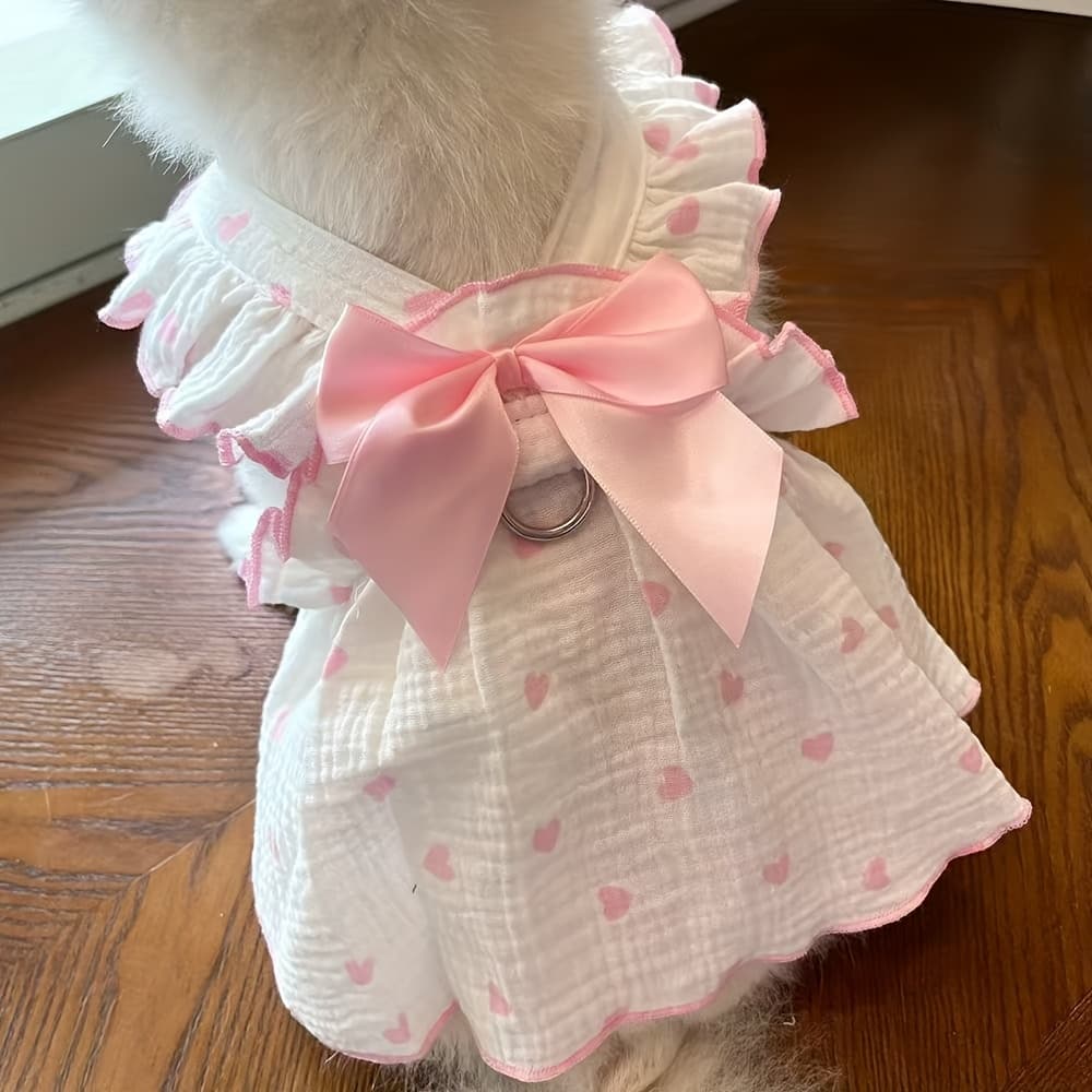 TEMU 1pc Pet Skirt, Pink Bow Skirt, Breathable With Harness Hook, Camisole Dress, Spring Summer Fall Wear, For Teddy Bichon Pomeranian Small Dogs And Cats, Heart-shaped Dress
