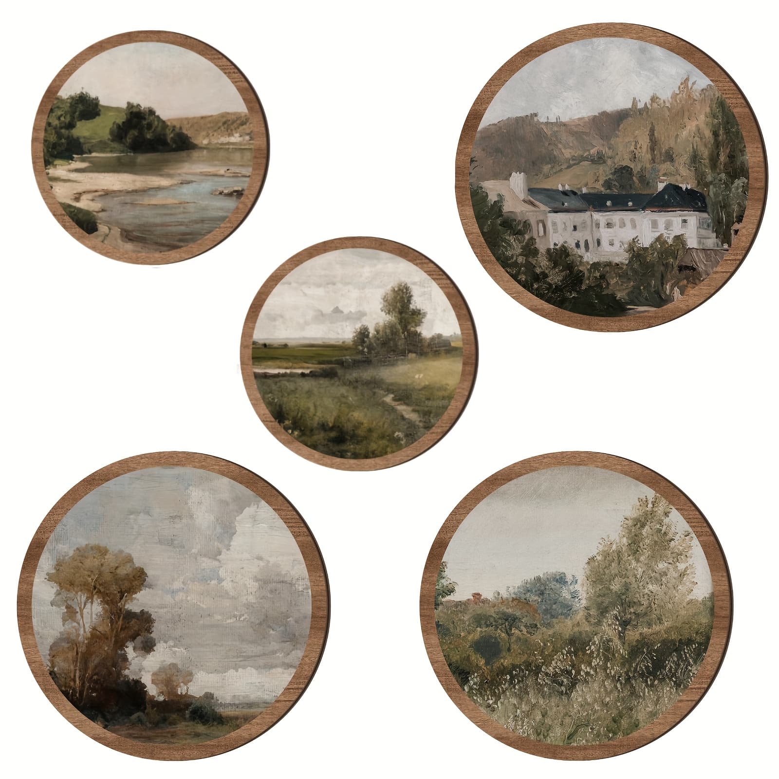 TEMU 2d Flat, 5pcs 5pcs Wall Art Suitable For Wall - Vertical Rustic Wood Frame Panel Prints, Round Country Pictures For Decor, Spring Summer Decoration With Botanical & Suitable For Décor