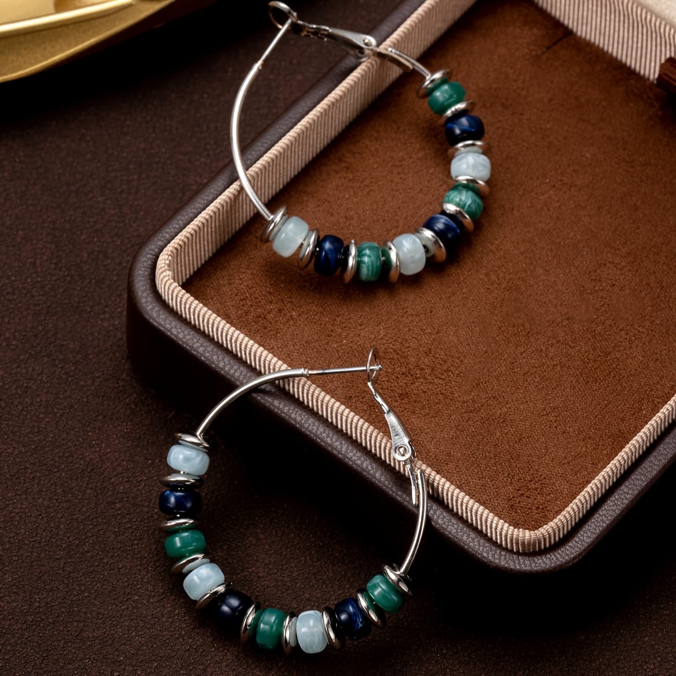 TEMU 1 Pair Earrings Mixed Beads Geometric Shape Bead Bohemian Style Fashion Retro Elegant Large Hoop