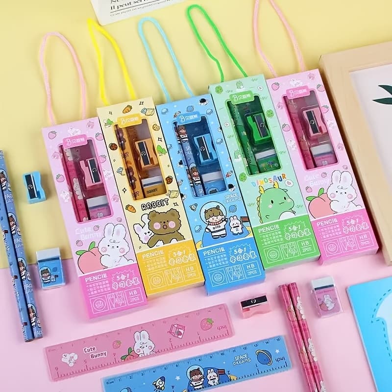 TEMU 30pcs- 5 Sets Of Pencil Stationery Gift Box, Cartoon Study And Exam Prizes, Student Rewards, Holiday Gifts, Office Supplies, School Stationery, Rectangular, Plastic Material, With Cute Cartoon