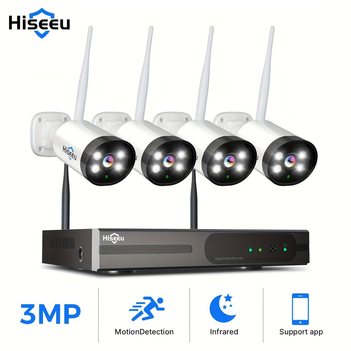 TEMU Hiseeu 4ch 3mp Wireless Security Camera System With 10ch Nvr, 4 3mp High-definition Cameras, With Bidirectional Audio, Lighting, And Sound Alarm, Night Vision, 2.4g And 5g Dual Band