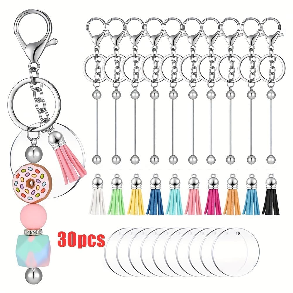 TEMU 30pcs Beadable Keychain Bars Bulk Set Silvery Blanks Beaded Keychain Colorful Leather Keychain Tassels Acrylic Blanks For Jewelry Making Key Chains