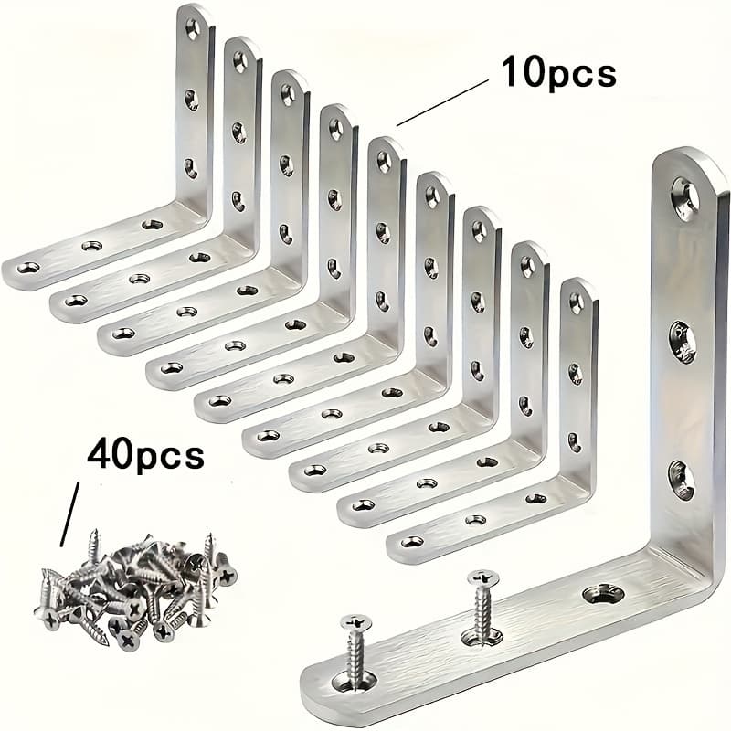 TEMU 50pcs Right Angle Corner Code L-shaped Stainless Steel Fixed Bracket With Screw Set, 10 Corner Code With 40 Screws, Furniture Connecting Piece, Iron Reinforced Corner Brace