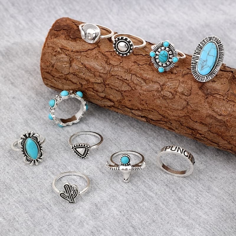 TEMU 10pcs Vintage Bohemian Synthetic Turquoise Alloy Women's Stackable Rings