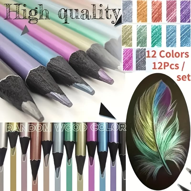 TEMU 12pcs Metallic For Art Pencils For Adult Coloring And Sketching, Vibrant Non-toxic Colors With 3. 0mm Soft Lead Core, Suitable For Artists And Random Wood End