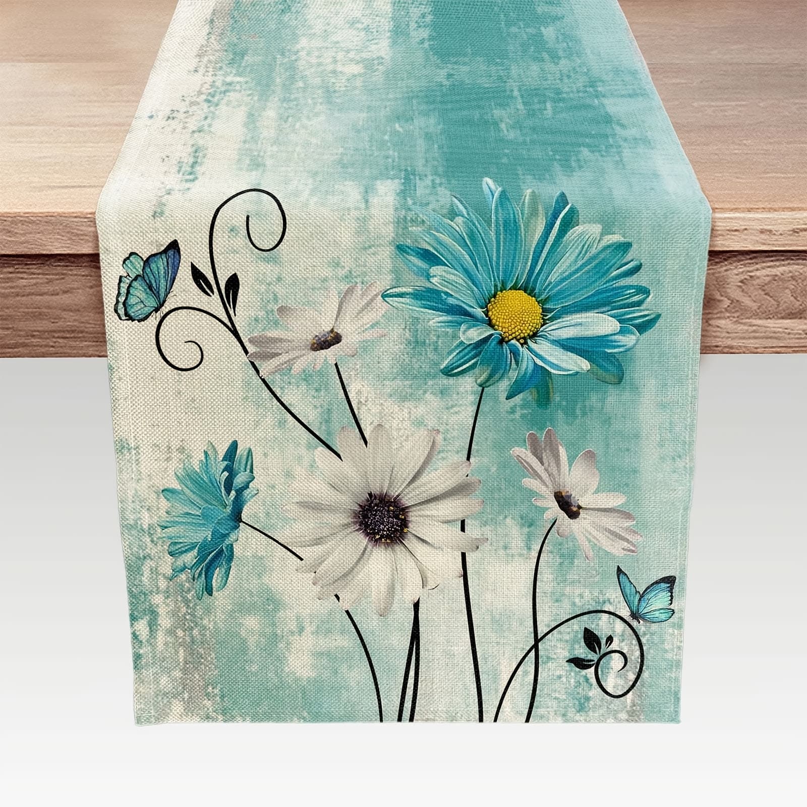 TEMU 1pc Rustic Farmhouse Linen Table Runner - 100% Woven Linen, Square Teal With Green And White Flowers For Dining, Kitchen, Living Room - Holiday And Party Decor