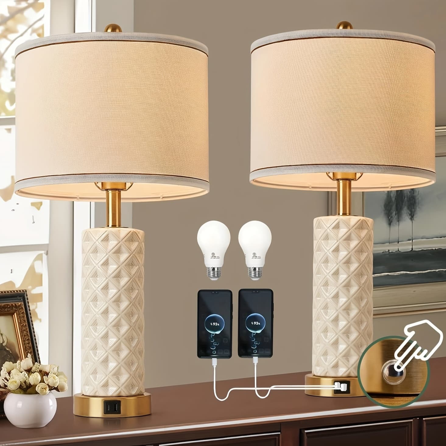 TEMU A Set Of 2 Desk Lamps With Usb A+c Port, 26 Inch Ceramic Bedside Desk Lamp, 3-speed Dimming, And Linen Lampshade For Living Room - Including 2 Light Bulbs