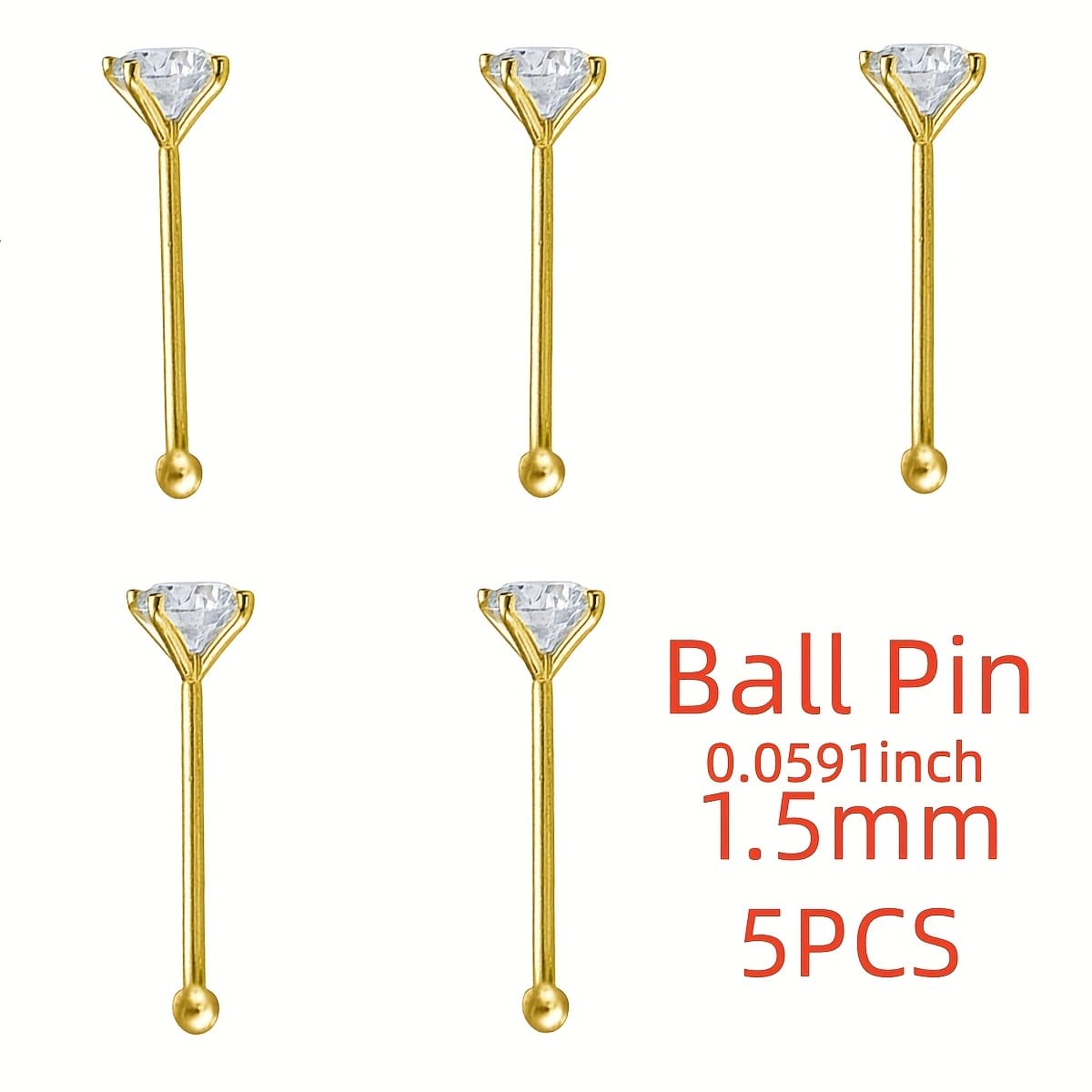 TEMU 5pcs Nose Rings Ball Straight Shape Nose Studs Nose Screw Bone High Nostril Piercing Jewelry For Women Men 1.5mm 2mm 2.5mm 3mm 4mm