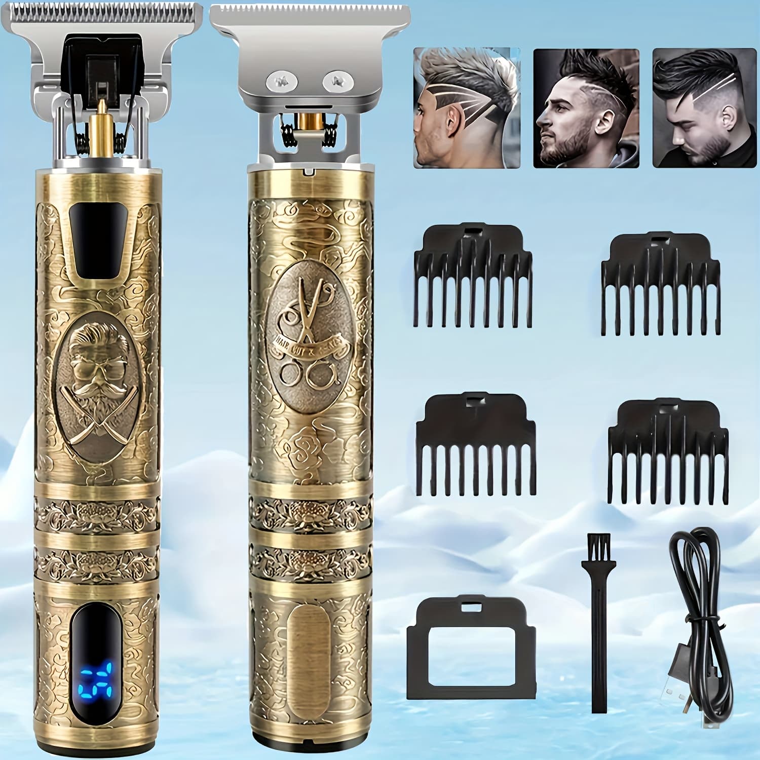 TEMU Men's Electric Hair Trimmer Kit - Cordless, Usb Rechargeable With Led Display, Vintage , Includes Combs & Accessories - Ideal Grooming & Styling, Gift For Him