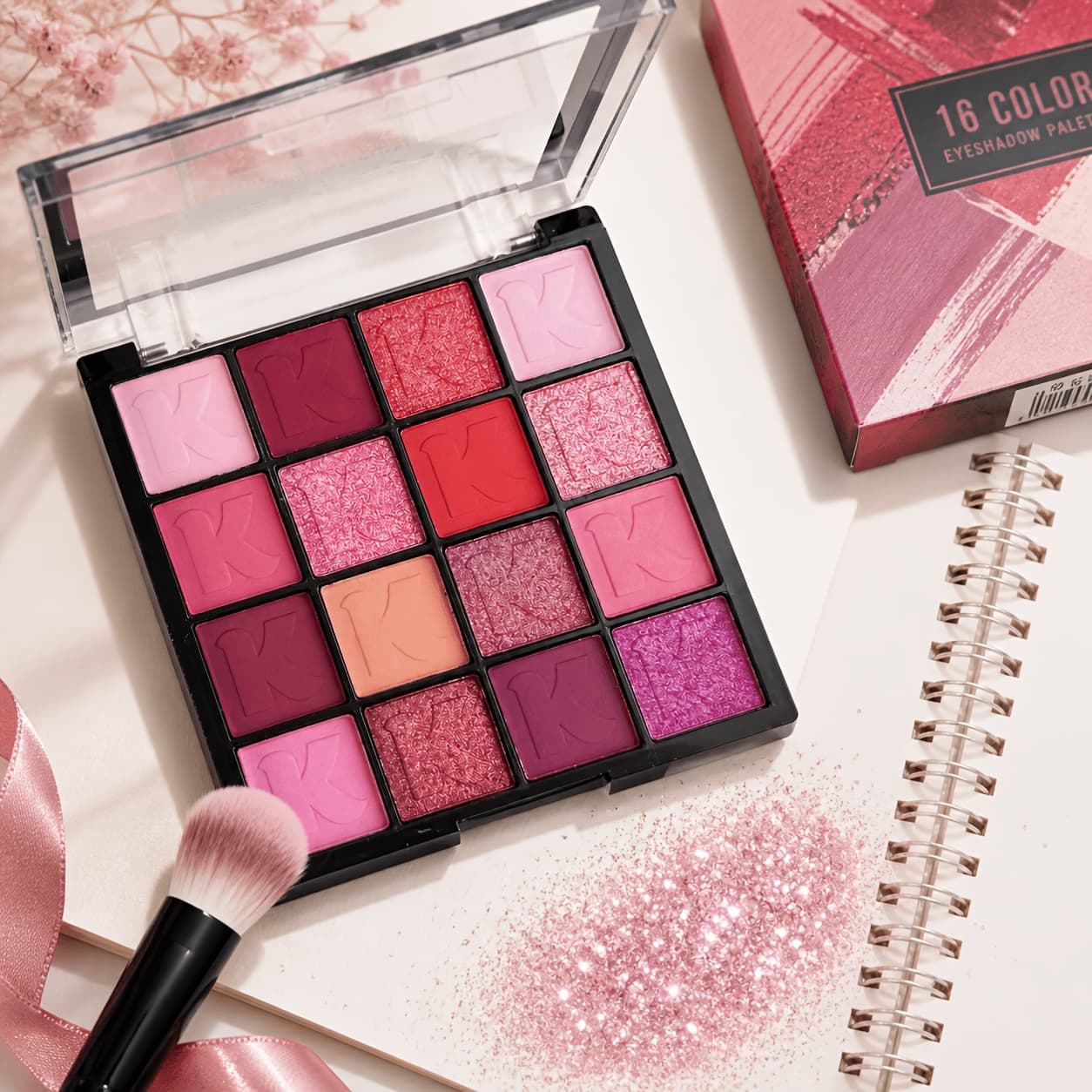 TEMU 16- And Red Eyeshadow Palette Features Rose And Berry Shades, With Matte And Shimmery Glitter Accents. Pigmented, Long-lasting, And Easy-to-blend Eyeshadow