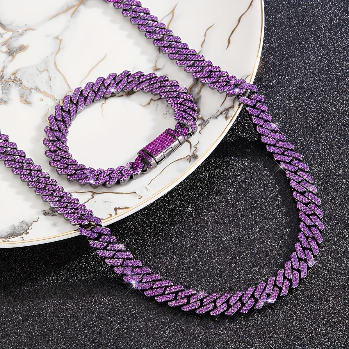 TEMU Purple Cuban Chain Necklace - Bohemian Retro Style With -purple Gemstones, Unisex Durable Jewelry For Christmas Gifts, Parties & Daily Wear