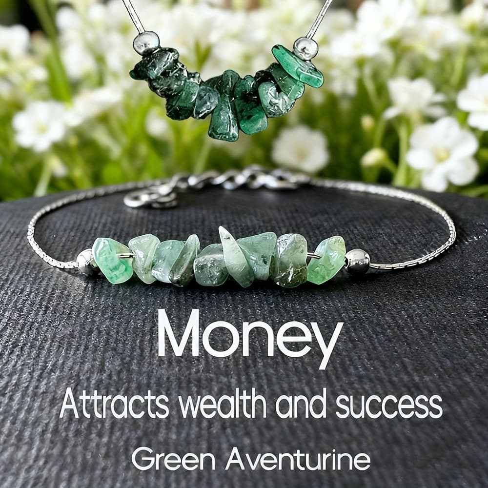 TEMU 2pcs Money Bohemian Jewelry Set, Aventurine Crushed Stone Bracelet And Necklace, Wealth And Success