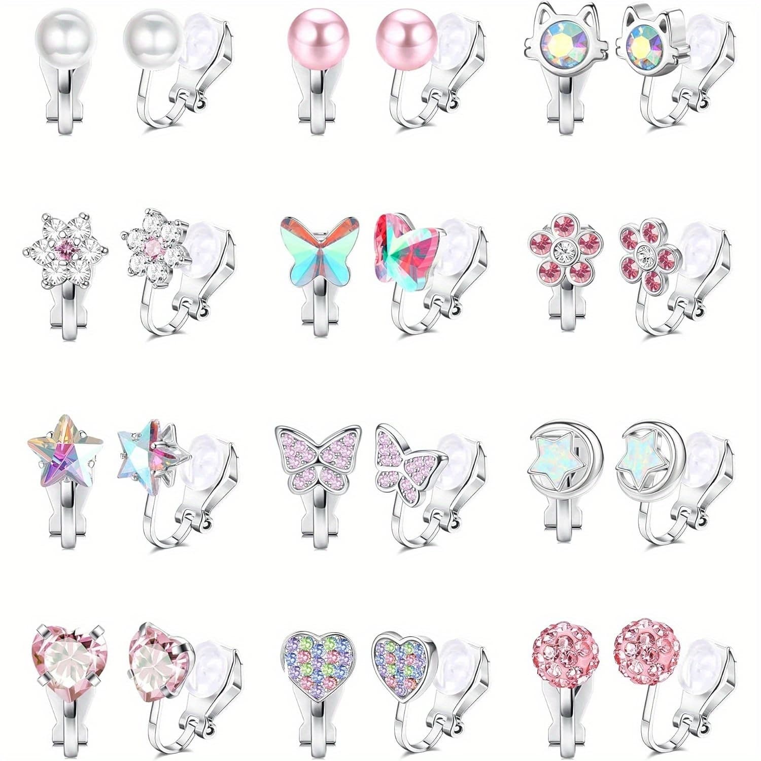 TEMU 12pairs Cute Clip On Earrings For Women Hypoallergenic Turtle Flower Cz Clip Earrings Multicolored Clip-on Stud Non Pierced Earrings Set
