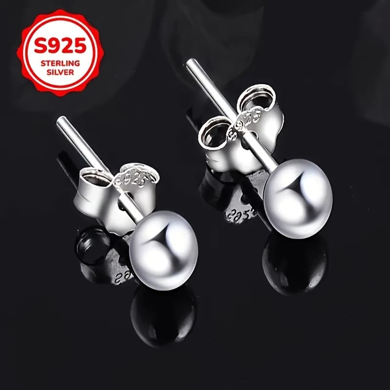 TEMU Elegant 925 Sterling Silvery Stud Earrings For Women - Hypoallergenic, With 3mm Round Beads, Perfect Gift For Her, Light Luxury,