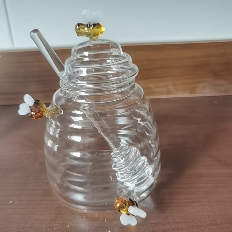 TEMU 1pc 500ml/16.9oz Heat Resistant Glass Honey Jar With Stirring Rod, Shaped Decoration, With Pearl Cotton Package, Design For Serving Honey, Kitchen Essential