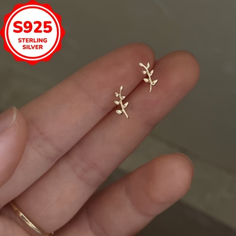TEMU Creative Classic Fashion S925 Silver Leaf Branch Anti-allergy Earrings Ladies Small Luxury Style