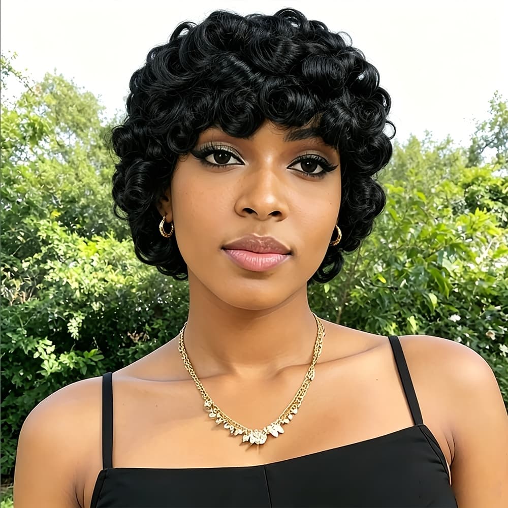 TEMU Women's Human Hair Short Bob Wig, Afro Loose Curls With Bangs, Cut, Bouncy 180% Density, Rose , Wig For All