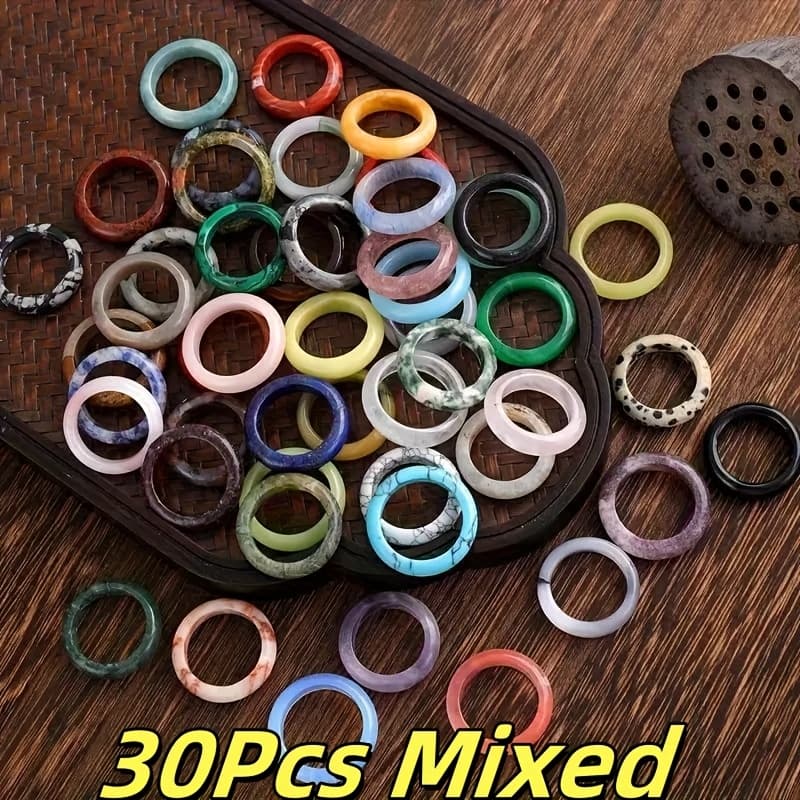 TEMU 30pcs Colorful Polished Natural Stone Rings Set, For Necklace Crafting Jewelry Art Supplies, Suitable For Daily Wear, Holiday Parties Any Occasion, Perfect Gift For Creative Individuals