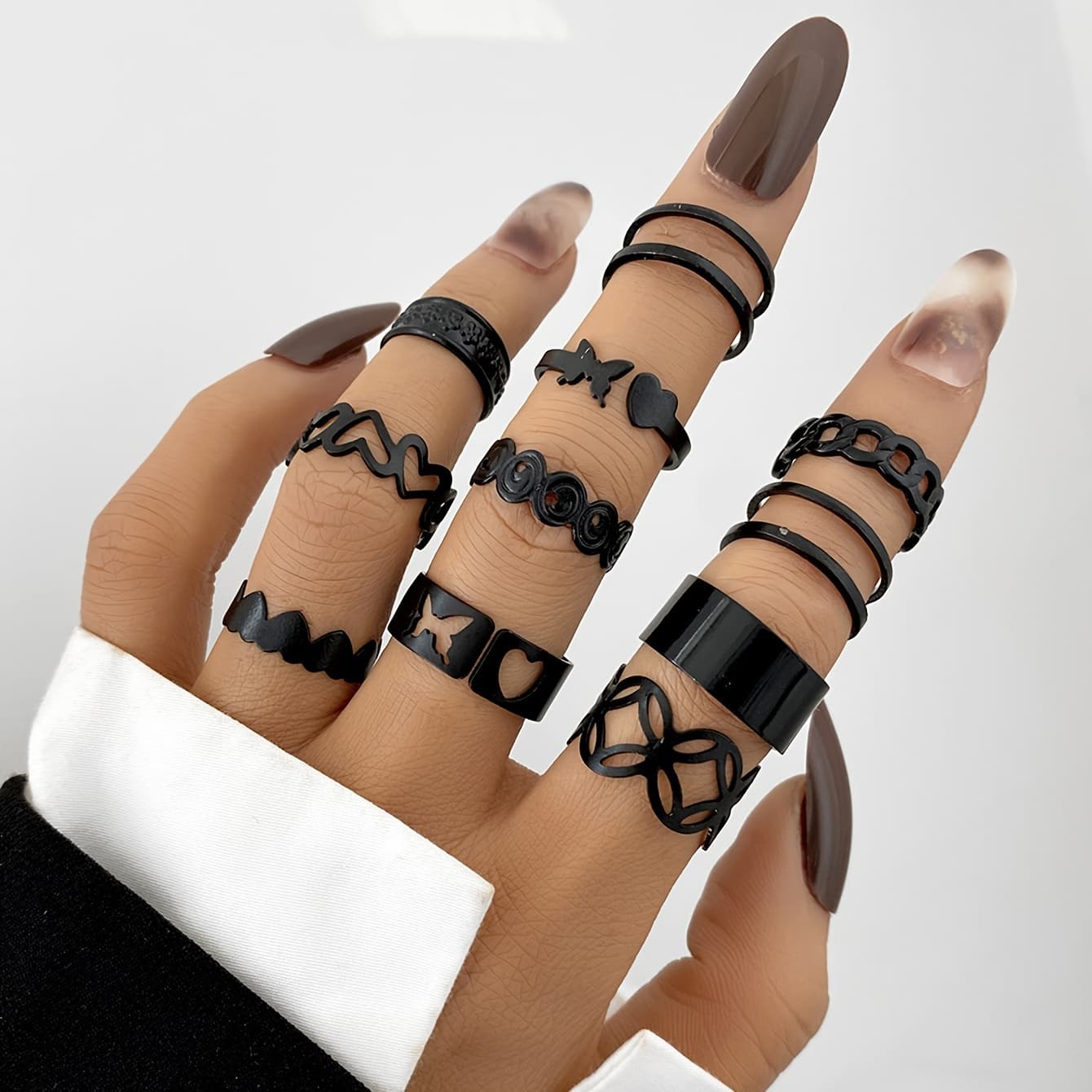 TEMU 11pcs Vintage Fashion Gothic Style Easy Heart Geometric Ring Set Unisex Stackable Hand Jewelry For Halloween Christmas Valentine's Day