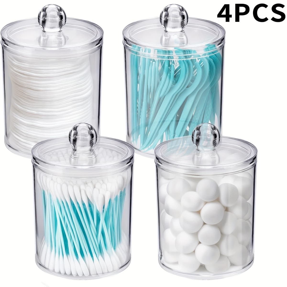 TEMU Set Of 4 Acrylic Dispensers For Toothpicks And Swabs, Ideal For Storing Balls, Dental Floss, And Round Pads. Perfect For Organizing Your Bathroom Or Dresser, Refillable Cosmetic Jars Are