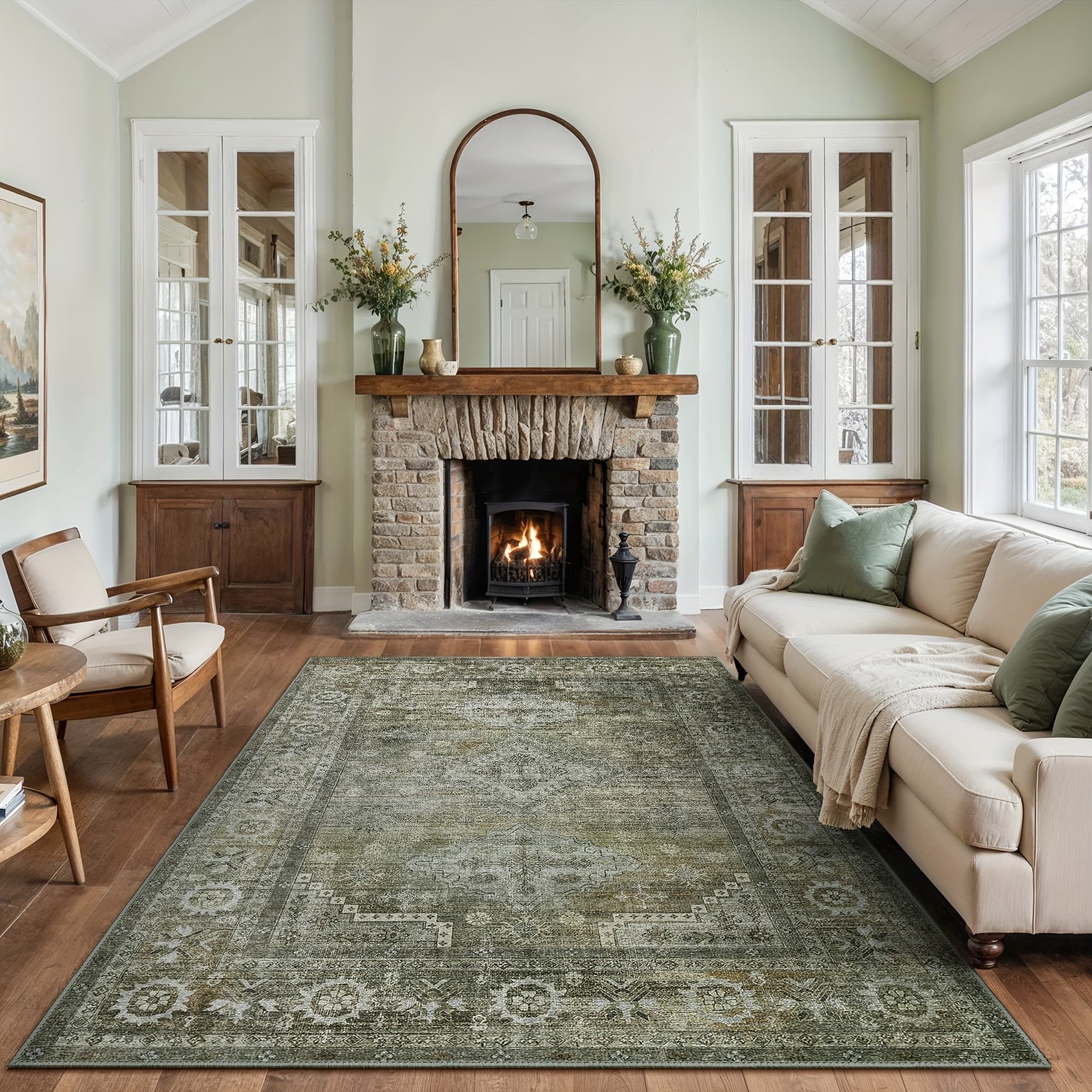 TEMU Washable Area Rugs For Living Room And Bedroom, Neutral Vintage Print Sage Green Rug, Low Pile Thin Mat With Non-slip Backing