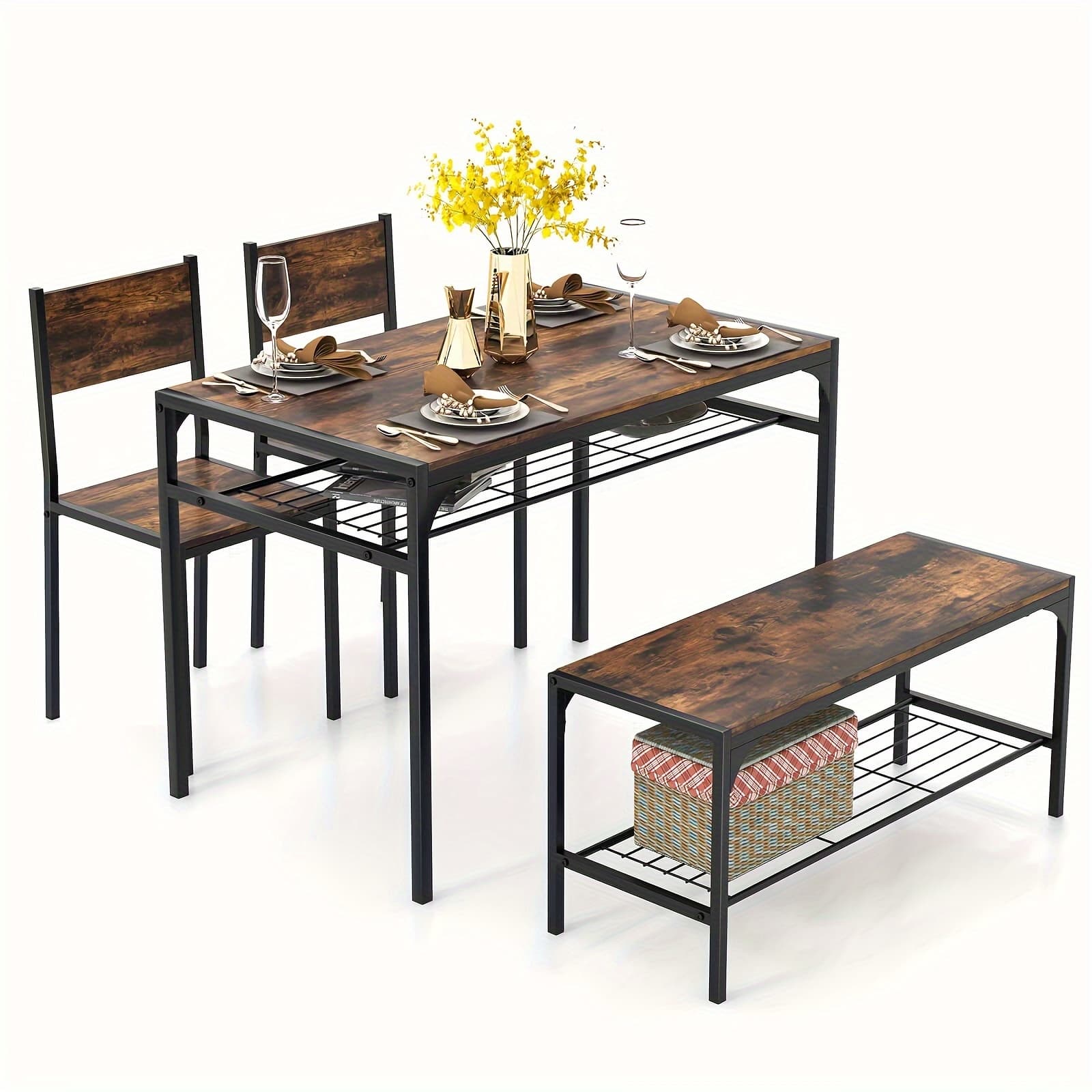 TEMU Dining Table Set For 4 Rectangular Table W/ 2 Chairs, 1 Bench, Storage Racks