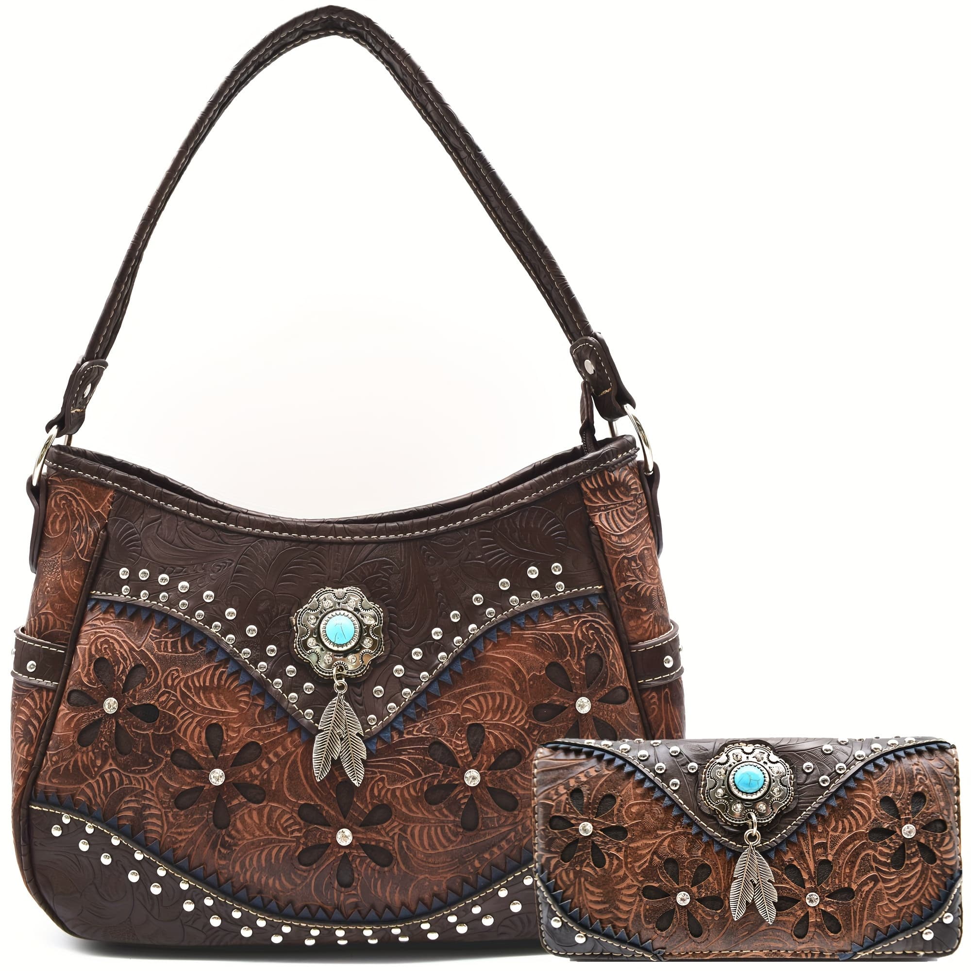 TEMU Women Shoulder Bag Trifold Wallet Settooled Floral Laser Cut Flower Feather Purse Studs Country Western Handbag Christmas Gifts