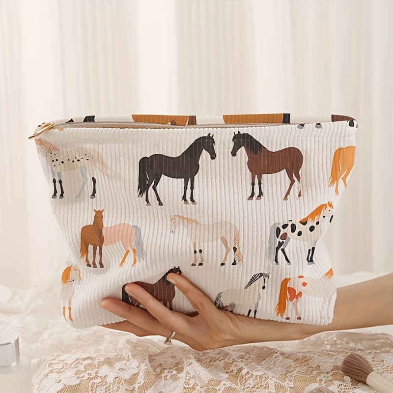 TEMU Horse Pattern Printed Corduroy Zippered Storage Bag, Lightweight Makeup Bag, Makeup Bag, Multi-functional Wash Bag With Lining