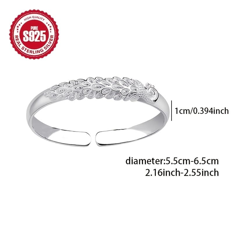 TEMU Elegant 925 Silvery Peacock Bracelet - Anti-allergy, Adjustable Opening Bracelet For Women | Perfect Gifts For Weddings, Parties & Holidays