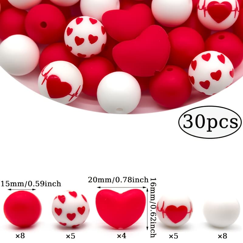 TEMU A Set Of 30 Heart-shaped Silicone Beads From 's Day Collection, With Red Printed Round Loose Spacer Beads, Perfect For Handmade Jewelry, Daily Decor, Gifts For Women, And Holiday Presents