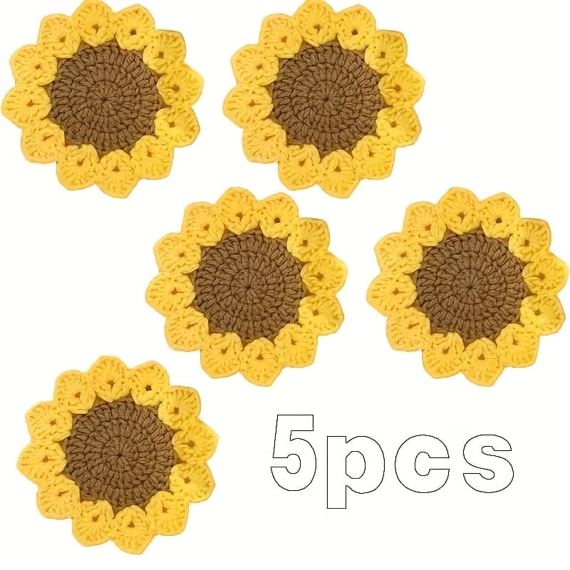 TEMU 5 Handmade Crochet Floral Coasters, Sunflowers, Table Decor, Heat Resistant, Great Gift Idea. (11cm/ 433 Inches)