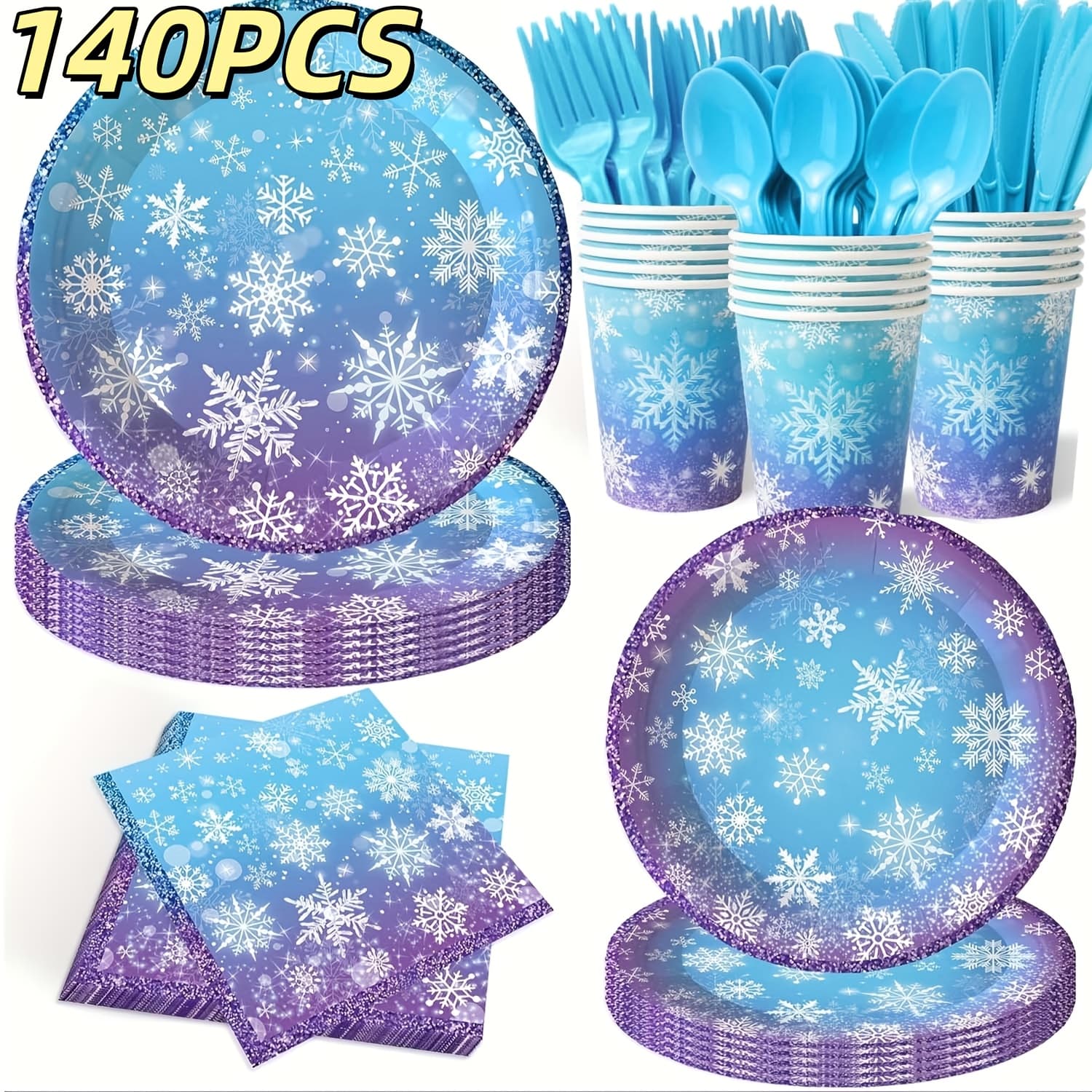 TEMU 140pcs Decorations Snowflake Plates And Napkins Blue And Purple Snowflake Supplies Tableware Set For Christmas Winter Birthday New Year Party Decorations, Serve 20 Guest