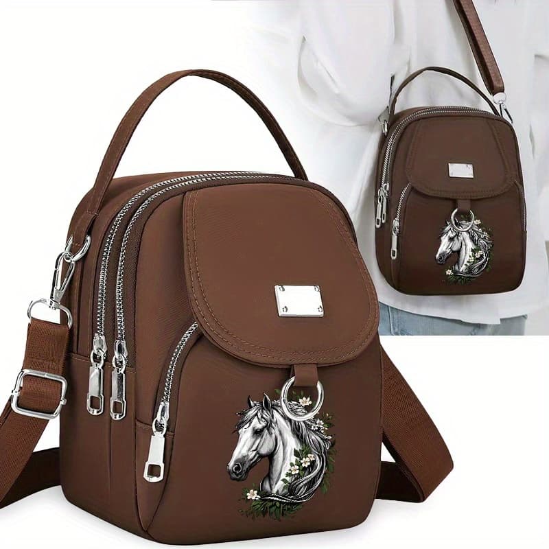 TEMU 1pc Women' Print Crossbody Bag Pattern Shoulder Strap, Zipper Closure Handheld Carrier Suitable For Travel, Daily Use, &, Horse, Neutral Bag For &, Horse-themed Accessory, 2d Flat