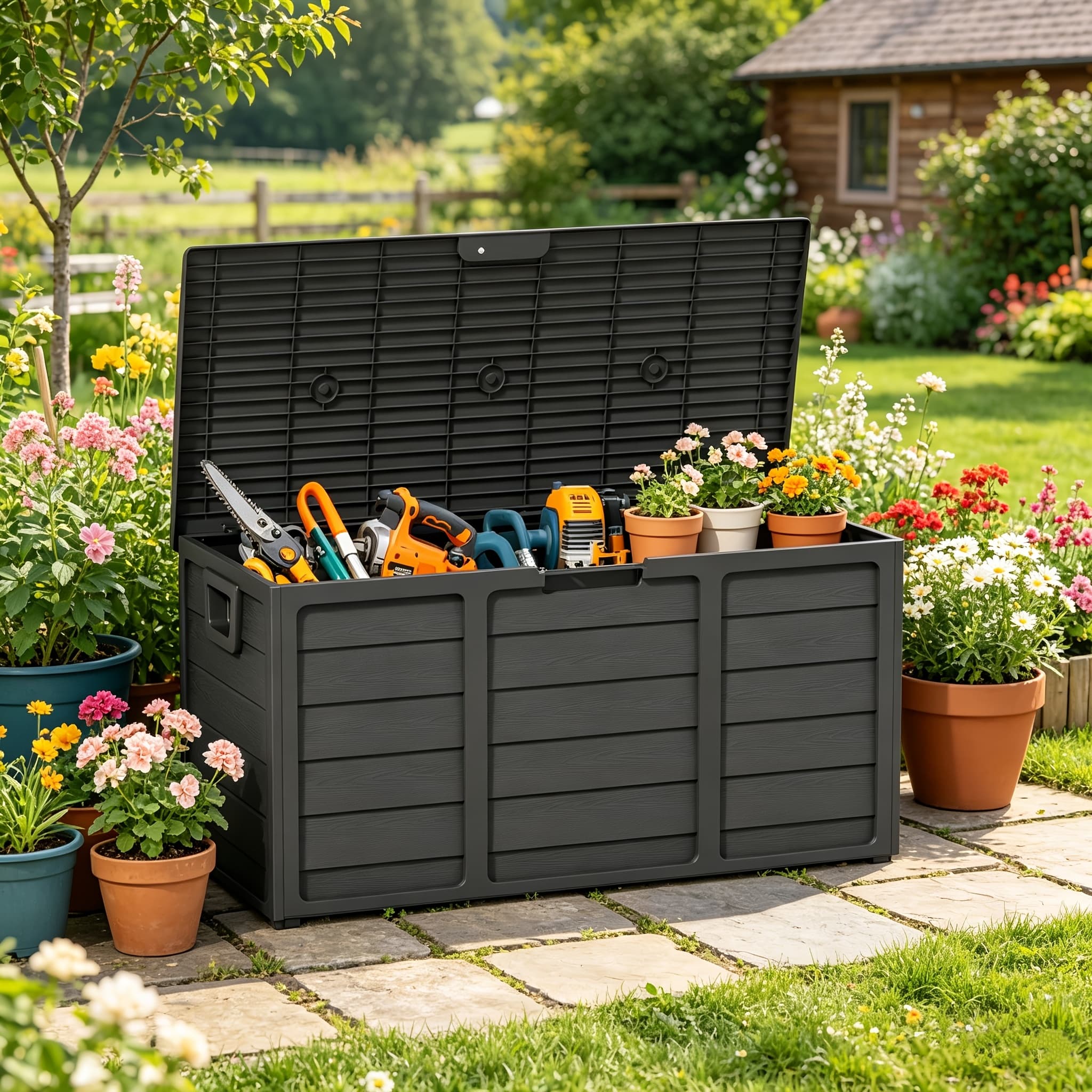 TEMU 75 Gallon Outdoor Storage Box, Deck Box Resin With Handles, Outside Storage Container For Home, Kitchen, Patio Garden, Pool, Rack For Outdoor Storage, Box,cabinet,rack For Outdoor Storage
